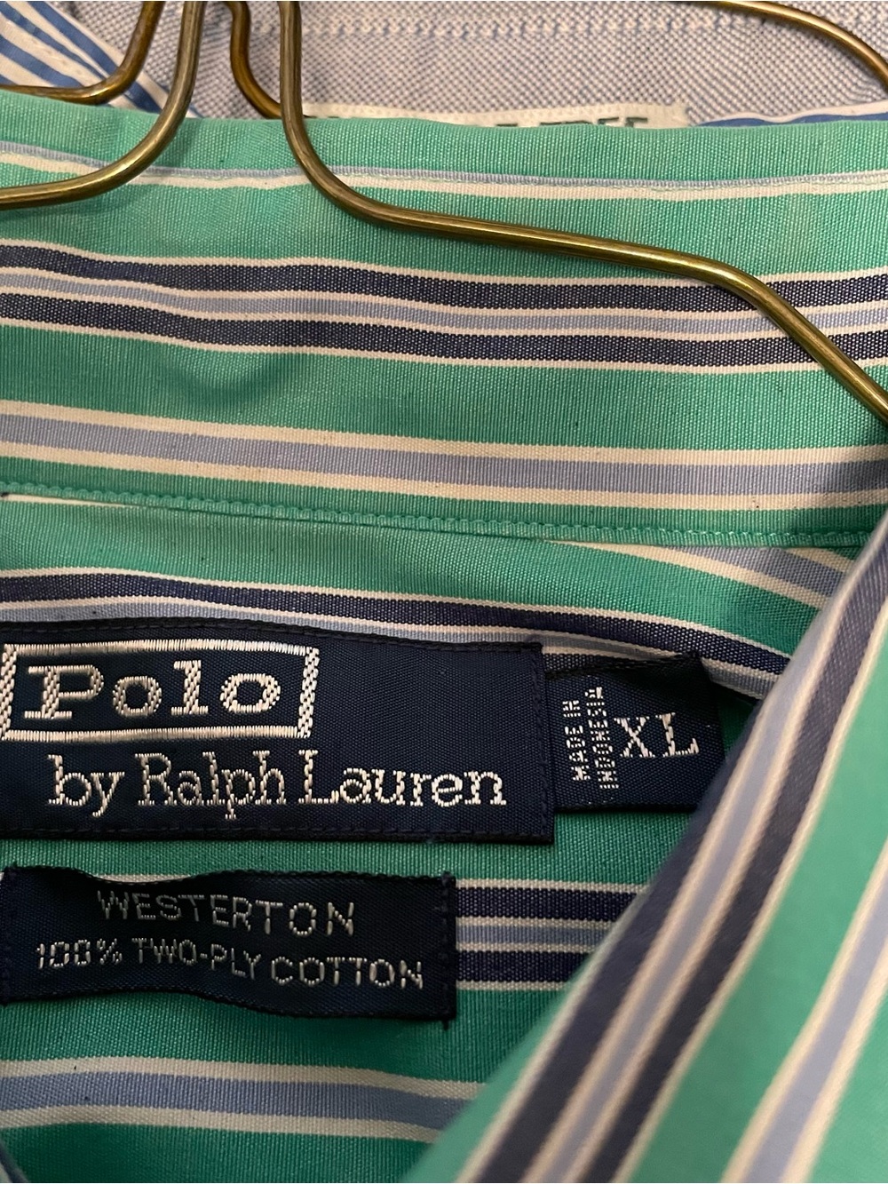 Polo Ralph Lauren Men’s XL Shirt Green/Blue Stripe Westerton 100% Cotton - Picture 4 of 4